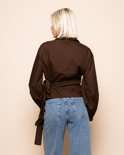 POPLIN WRAP KNOT BLOUSE BRUIN