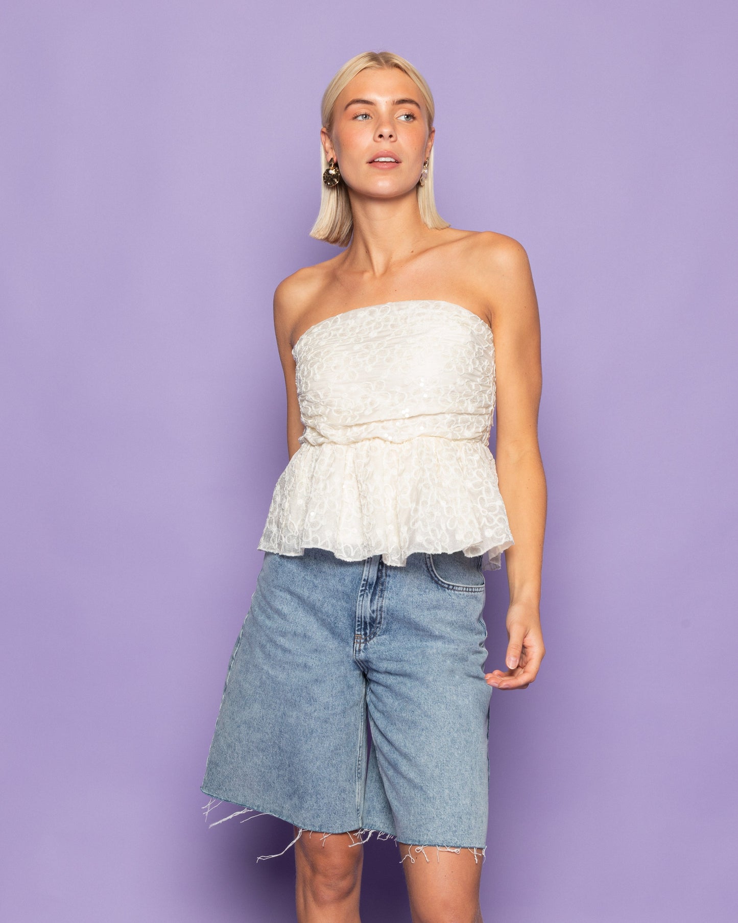 FLOWER SEQUINS BANDEAU TOP CRÈME