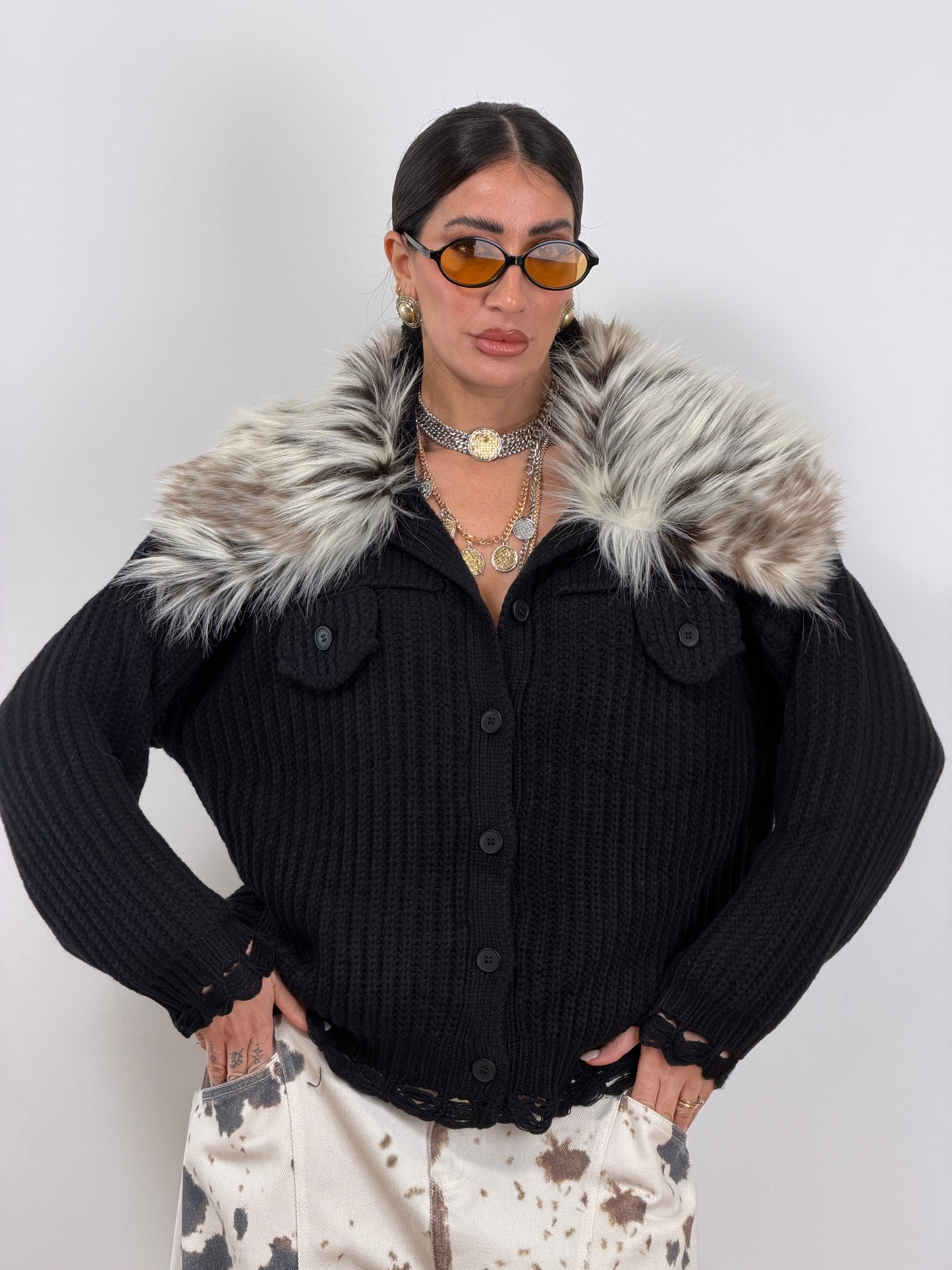 Cardigan nero pelliccia PL12731