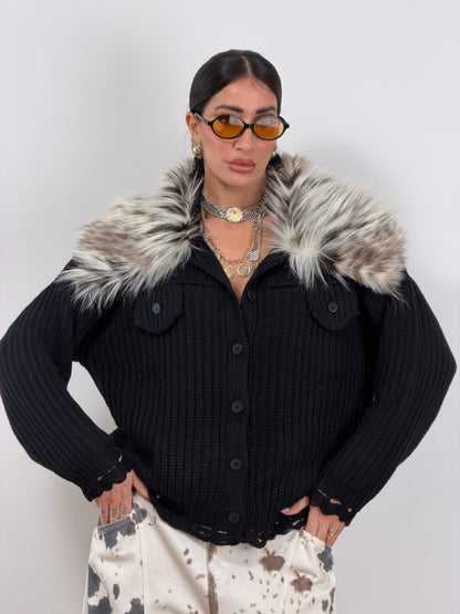 Cardigan nero pelliccia PL12731