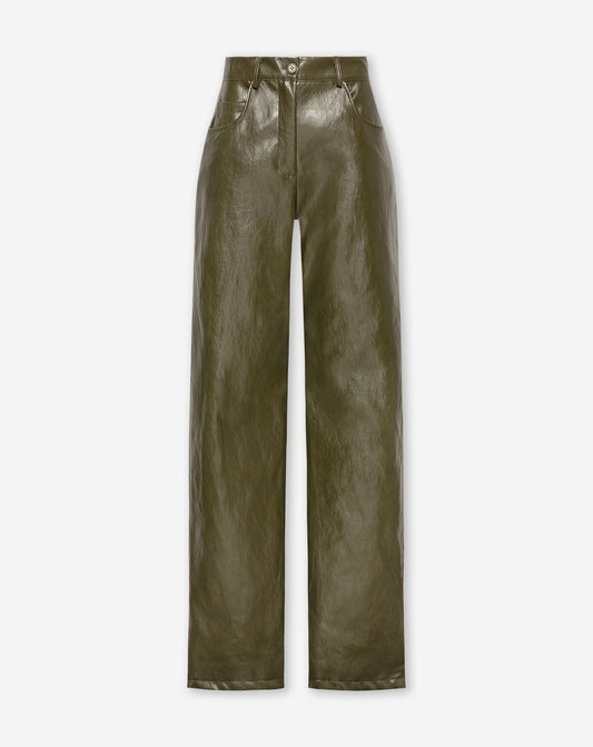 KATIE LIQUID LEATHER STRAIGHT LEG PANTS OLIJFGROEN
