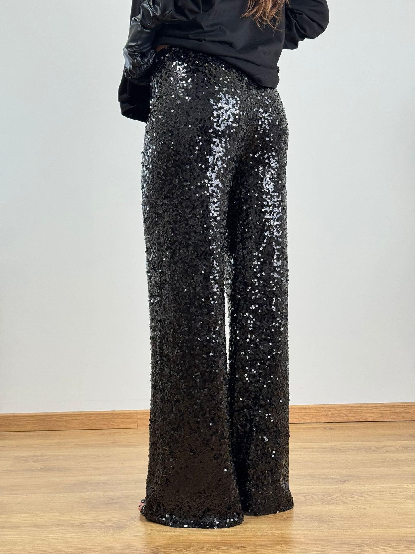 Pantaloni paillettes nero palazzo 6025