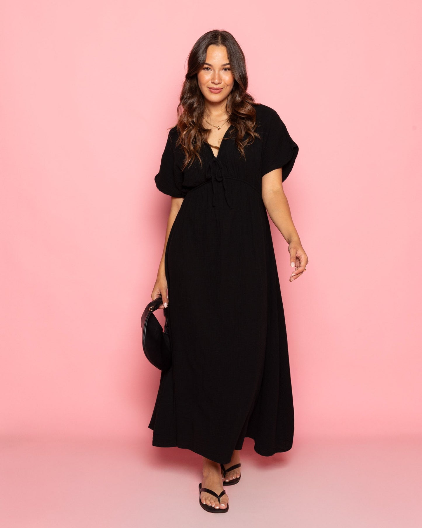 MOUSSELINE BOW MAXI DRESS ZWART