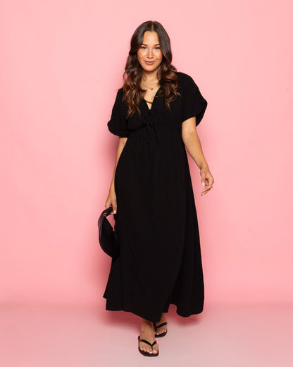 MOUSSELINE BOW MAXI DRESS ZWART