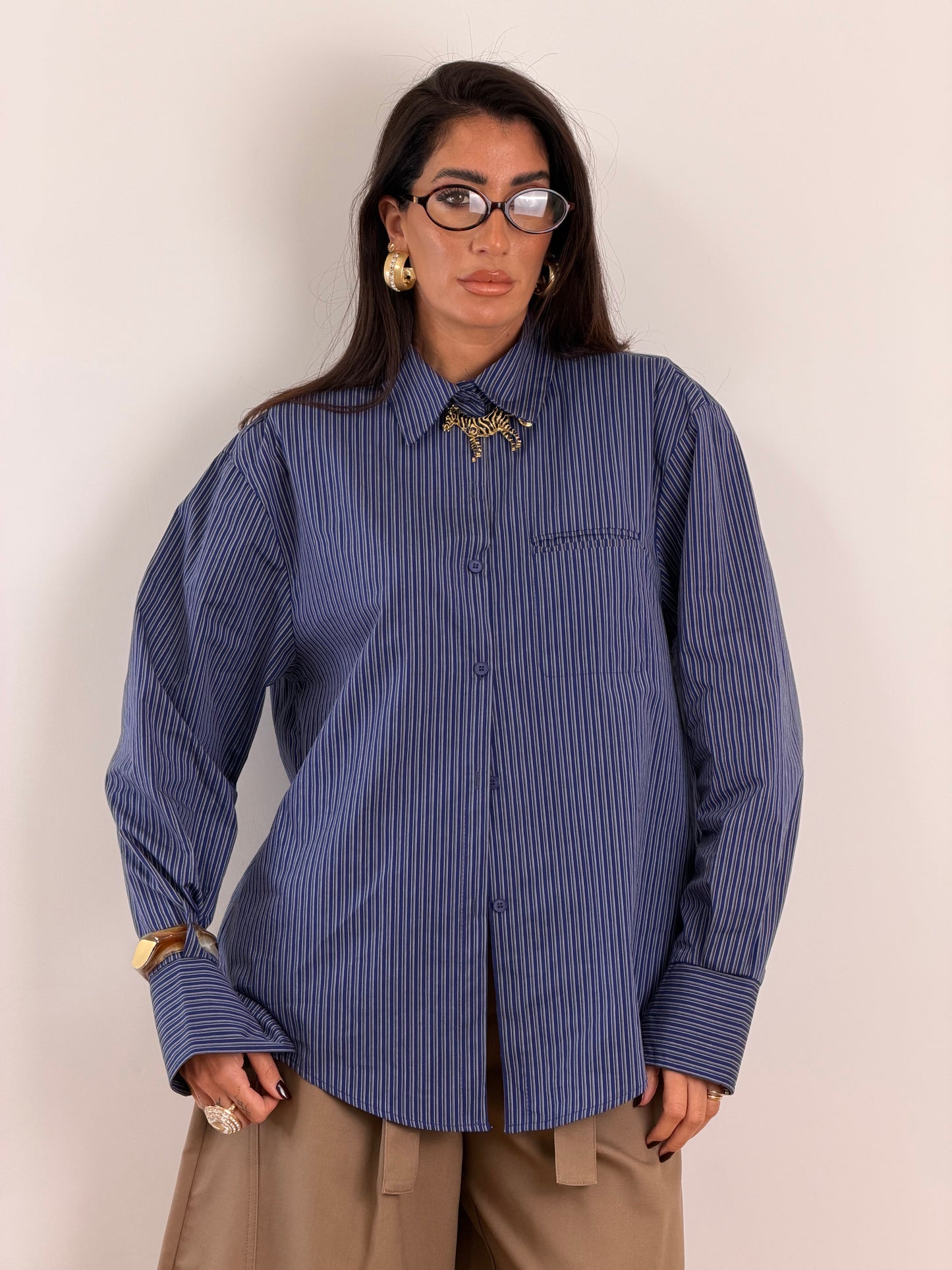 Camicia blu righe grigie W45099