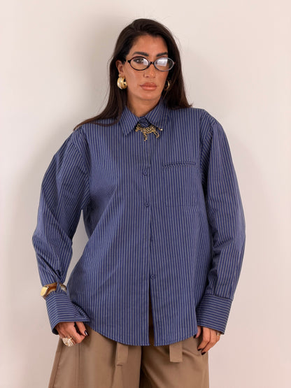 Camicia blu righe grigie W45099
