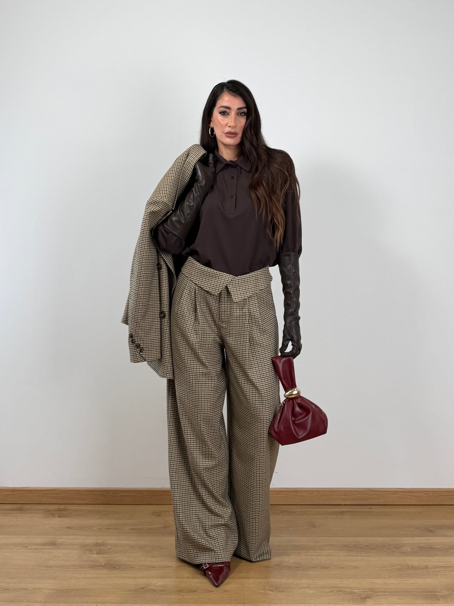 Pantaloni Lumina quadri cammello 260071