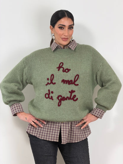 Pull scritta verde mela *ho il mal di gente*2903