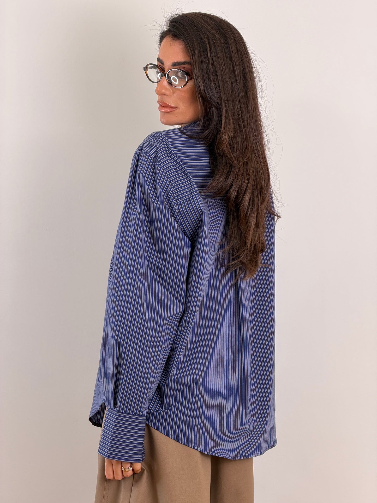 Camicia blu righe grigie W45099