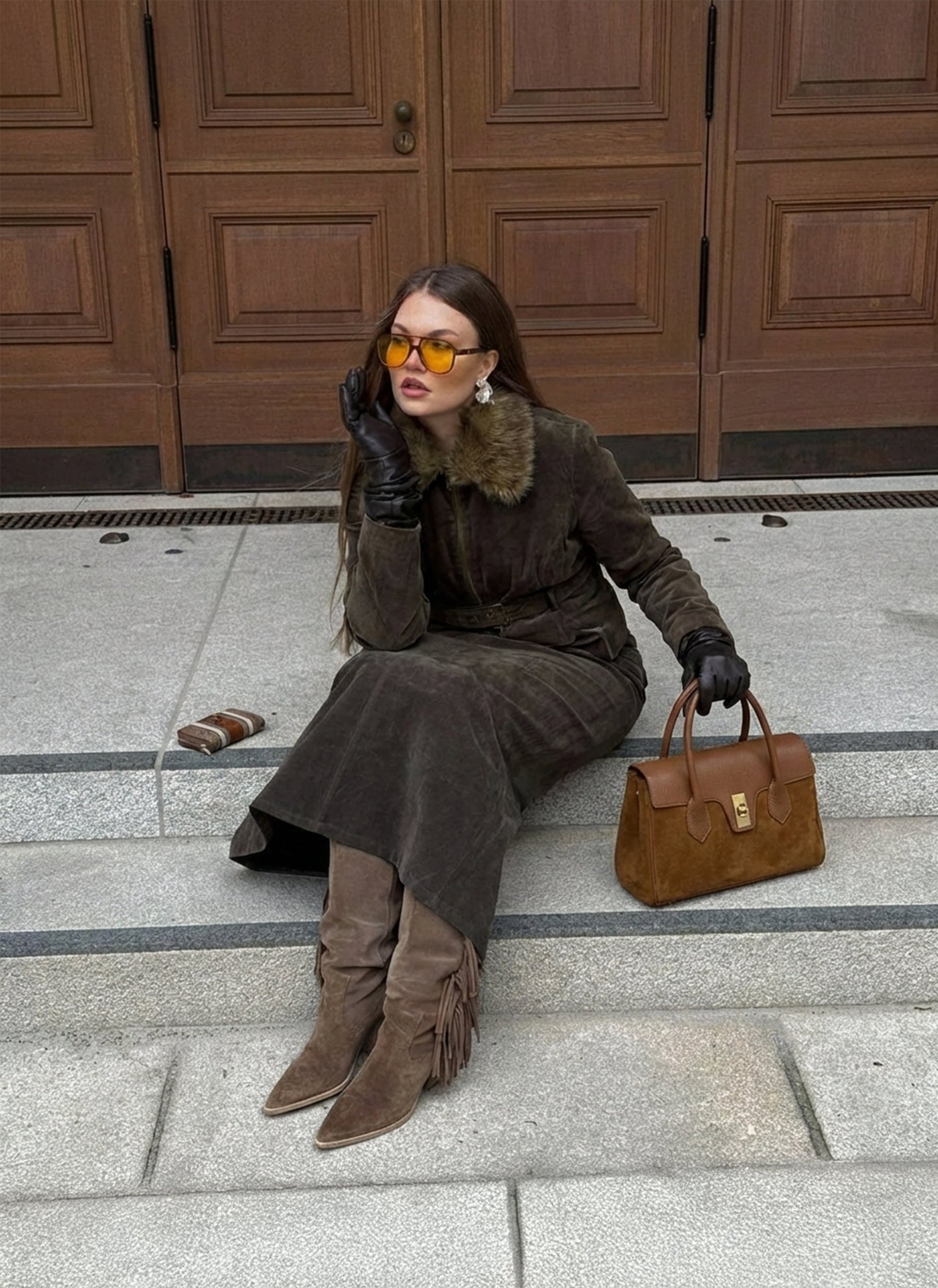 Borsa Cécile in Camoscio e Pelle Cuoio