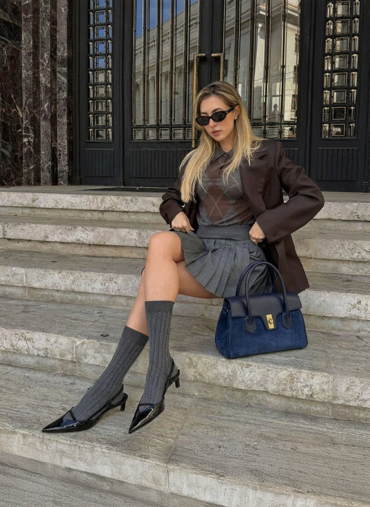 Borsa Cécile in Camoscio e Pelle Blu Navy