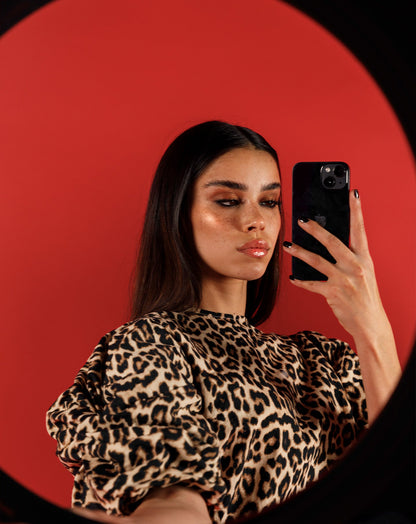 LEOPARD KNOTTED PUFF SLEEVE TOP ZWART