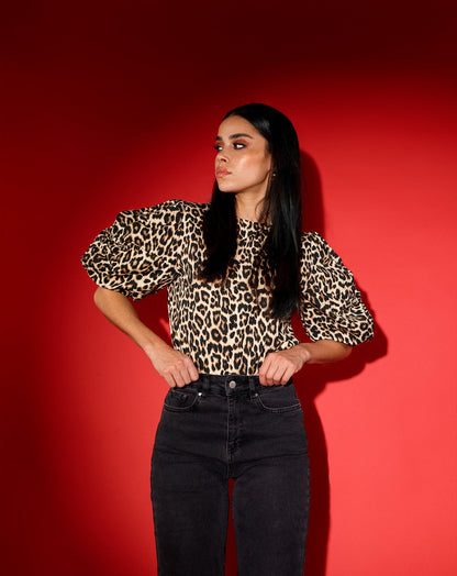 LEOPARD KNOTTED PUFF SLEEVE TOP ZWART
