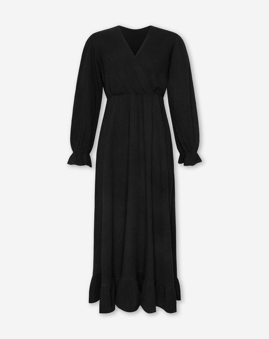 MOUSSELINE MAXI RUFFLE DRESS ZWART
