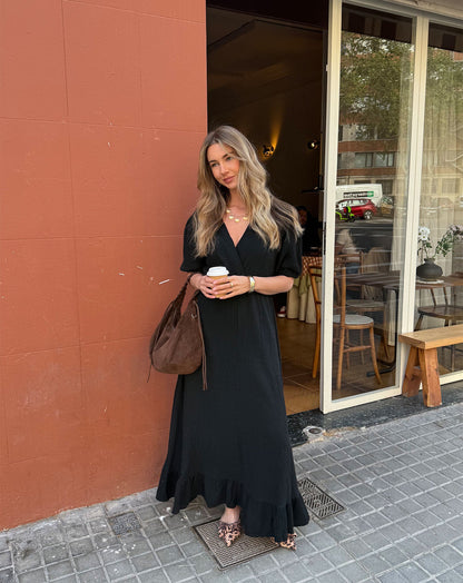 MOUSSELINE MAXI RUFFLE DRESS ZWART