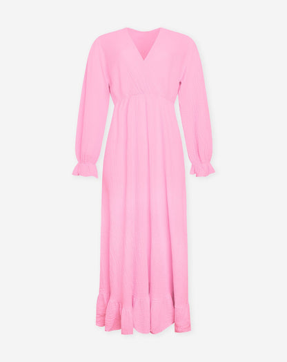 MOUSSELINE MAXI RUFFLE DRESS HARD ROZE