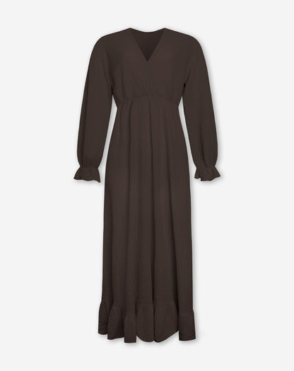 MOUSSELINE MAXI RUFFLE DRESS BRUIN