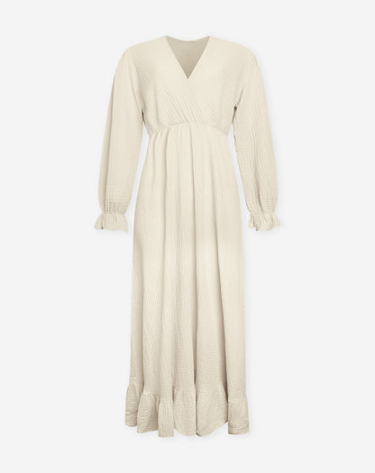 MOUSSELINE MAXI RUFFLE DRESS ZAND