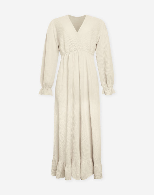 MOUSSELINE MAXI RUFFLE DRESS ZAND