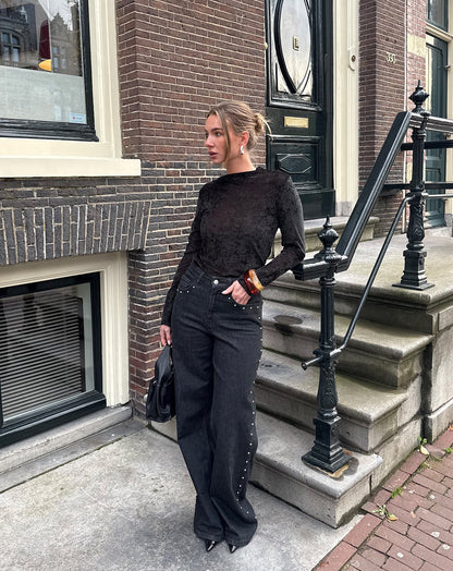 VELVET COL TOP ZWART