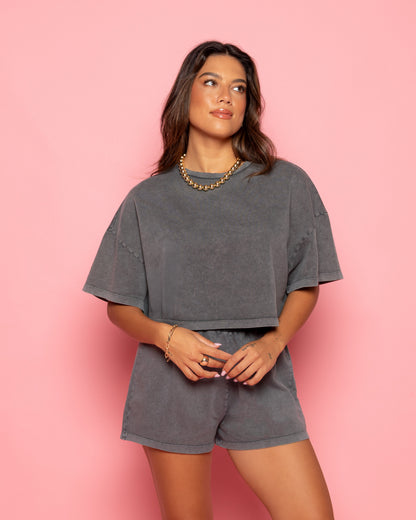 ACID CROPPED SWEAT TEE GRIJS