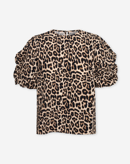 LEOPARD KNOTTED PUFF SLEEVE TOP ZWART