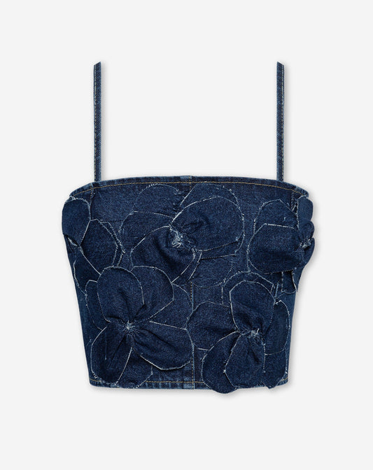 FLOWER DENIM CORSET TOP DONKERBLAUW