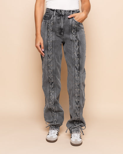 LACE UP JEANS GRIJS