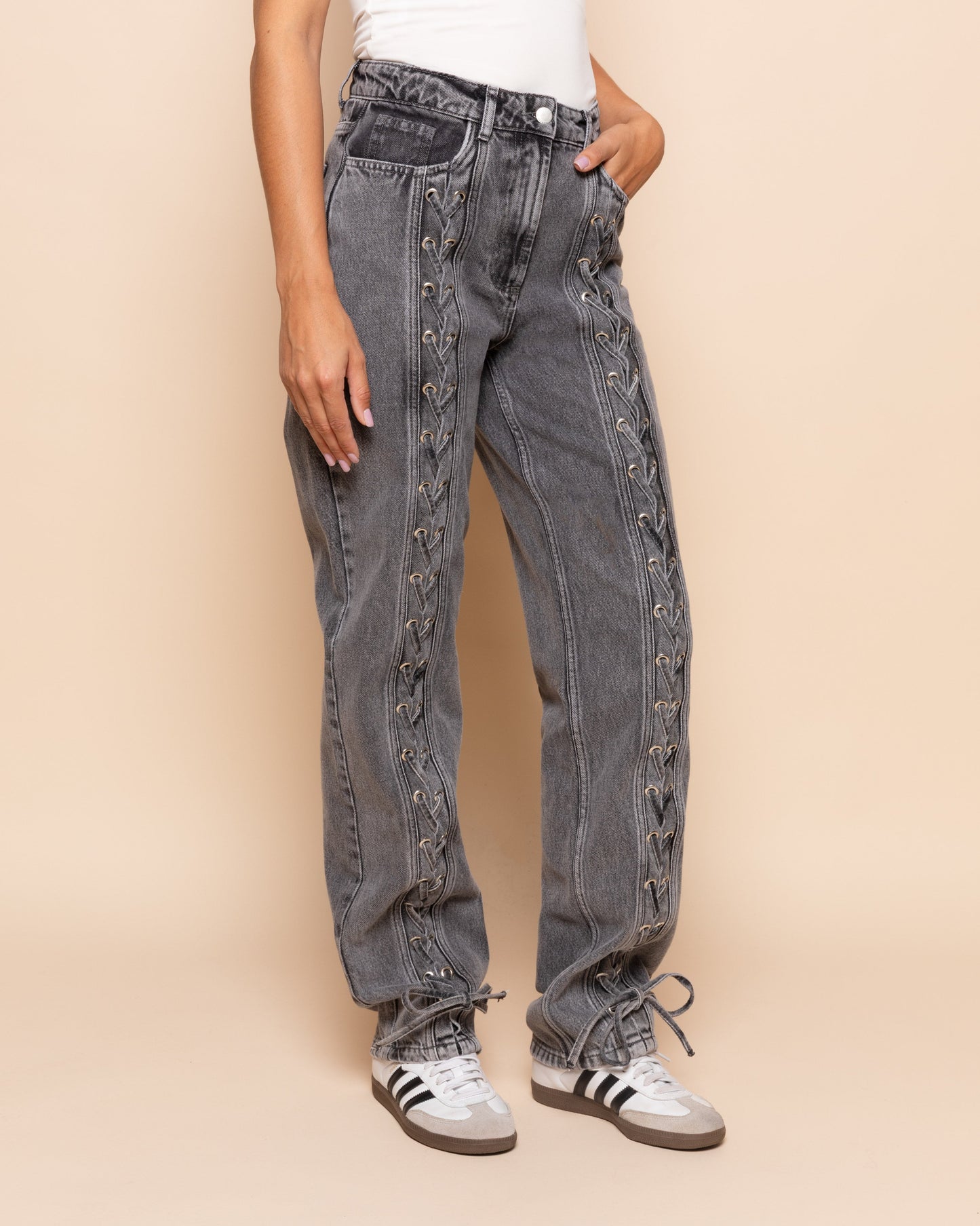 LACE UP JEANS GRIJS