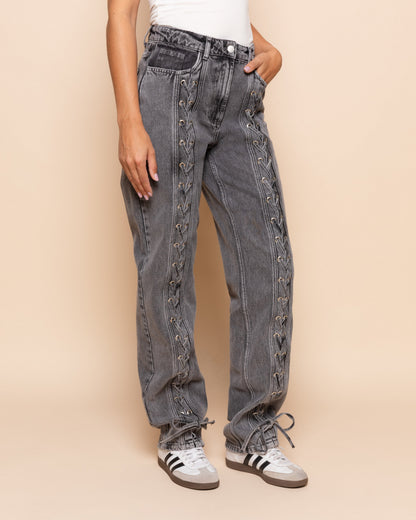 LACE UP JEANS GRIJS