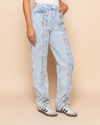 LACE UP JEANS LICHTBLAUW