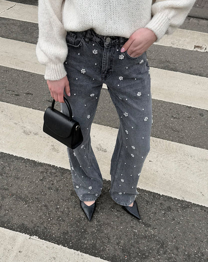 FLOWER PEARL JEANS GRIJS