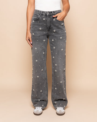 FLOWER PEARL JEANS GRIJS