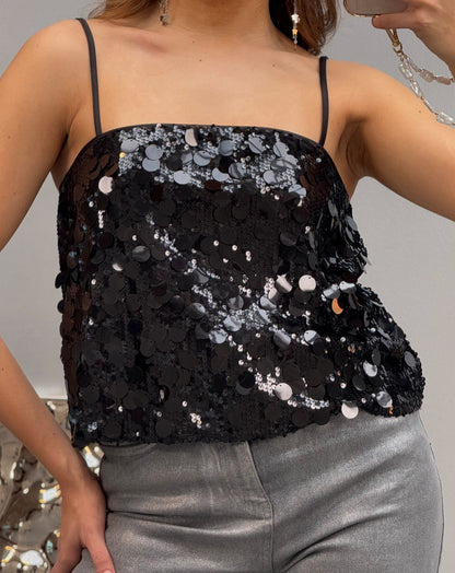 FAY BIG SEQUINS CAMI TOP ZWART