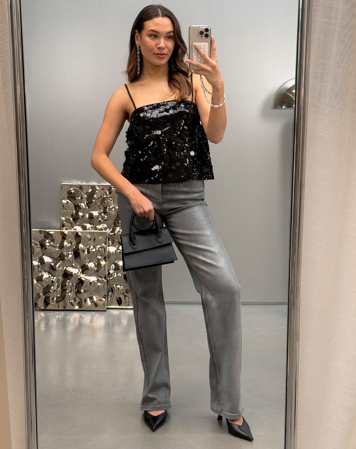 FAY BIG SEQUINS CAMI TOP ZWART