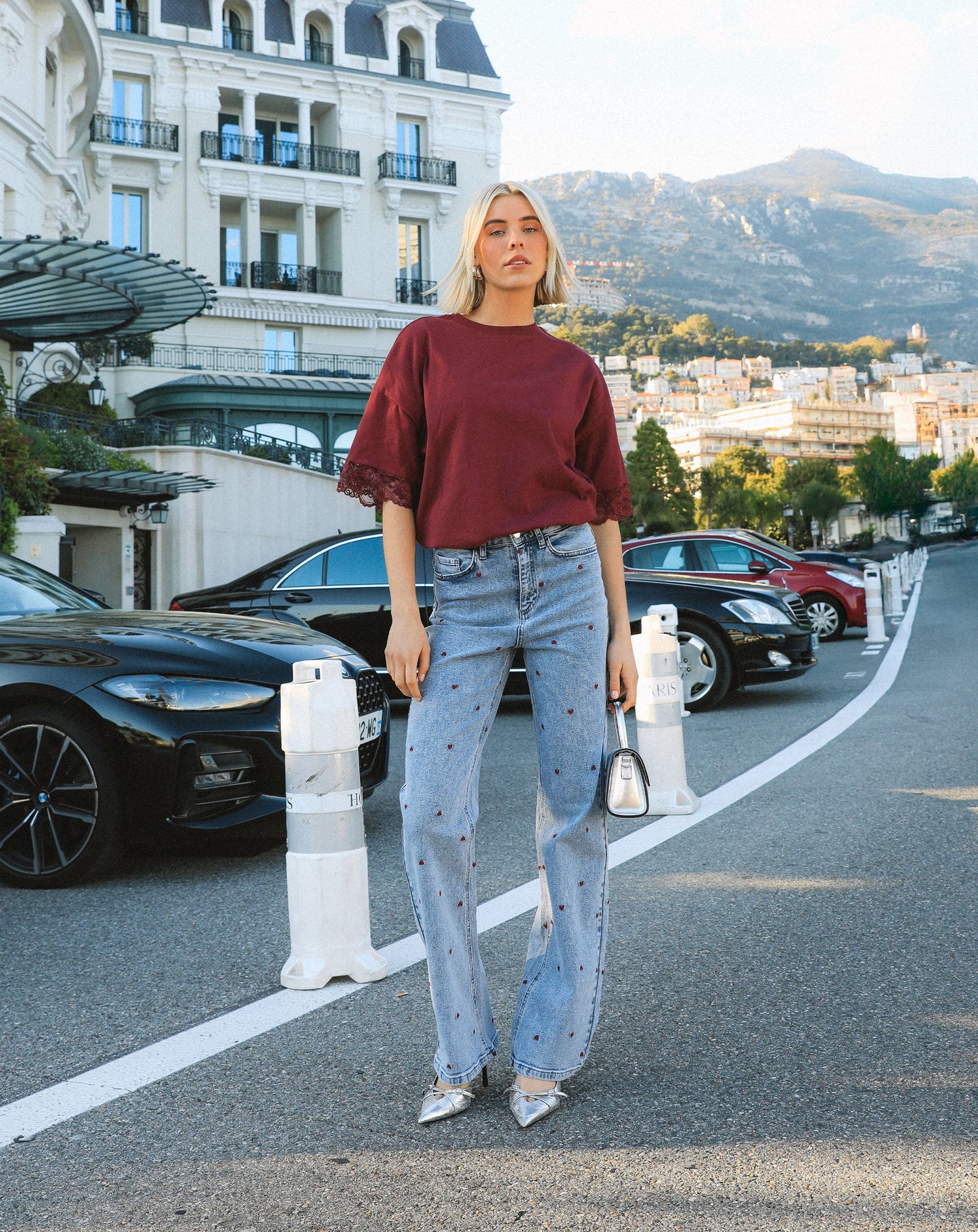 LACE SLEEVE OVERSIZED TEE BURGUNDY