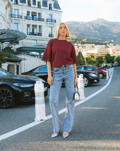 LACE SLEEVE OVERSIZED TEE BURGUNDY