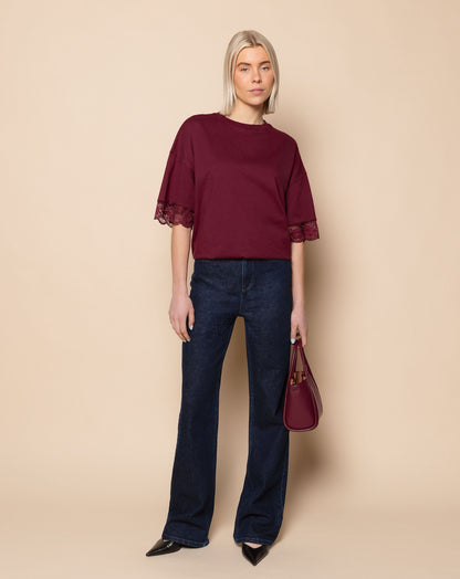 LACE SLEEVE OVERSIZED TEE BURGUNDY