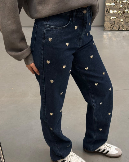 HEART STUD STRAIGHT LEG JEANS DONKERBLAUW