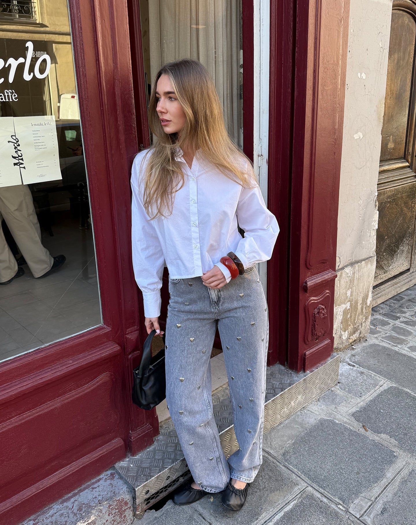HEART STUD STRAIGHT LEG JEANS GRIJS