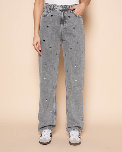 HEART STUD STRAIGHT LEG JEANS GRIJS
