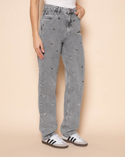HEART STUD STRAIGHT LEG JEANS GRIJS