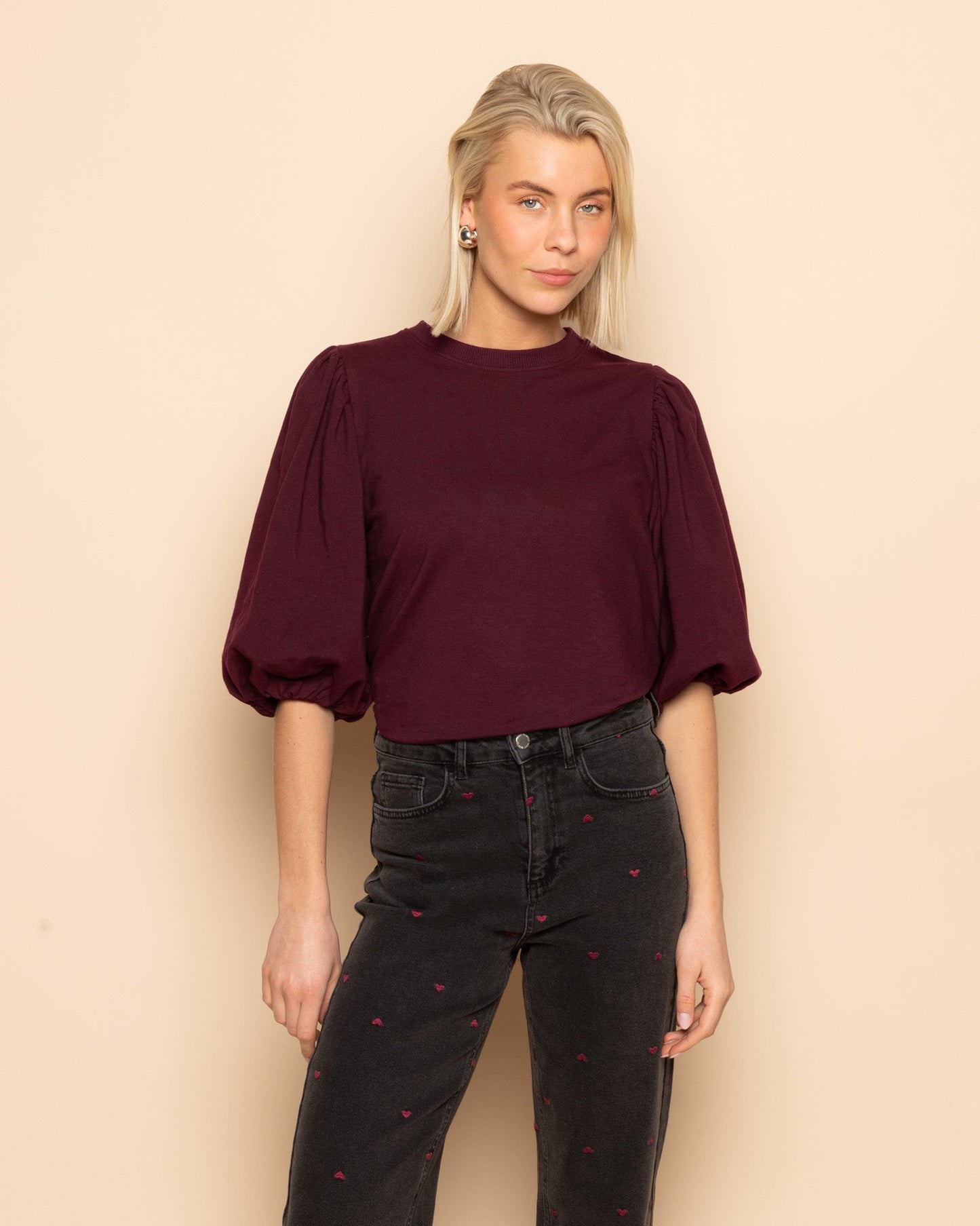 LOA PUFF SLEEVE SWEAT TOP DONKER BURGUNDY