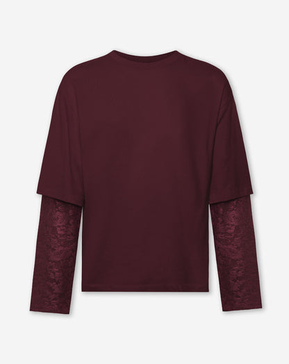 LACE LONG SLEEVE OVERSIZED TEE DONKER BURGUNDY