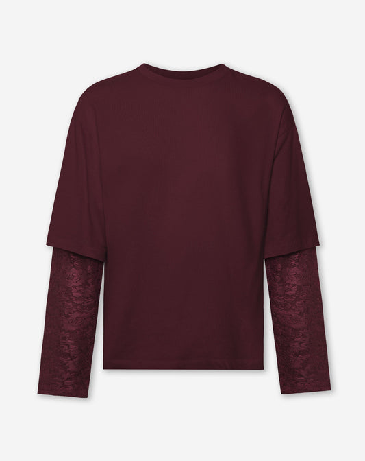 LACE LONG SLEEVE OVERSIZED TEE DONKER BURGUNDY