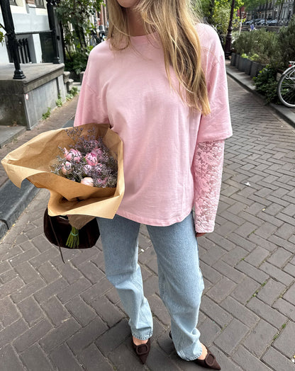 LACE LONG SLEEVE OVERSIZED TEE PASTEL ROZE