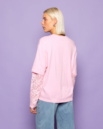 LACE LONG SLEEVE OVERSIZED TEE PASTEL ROZE