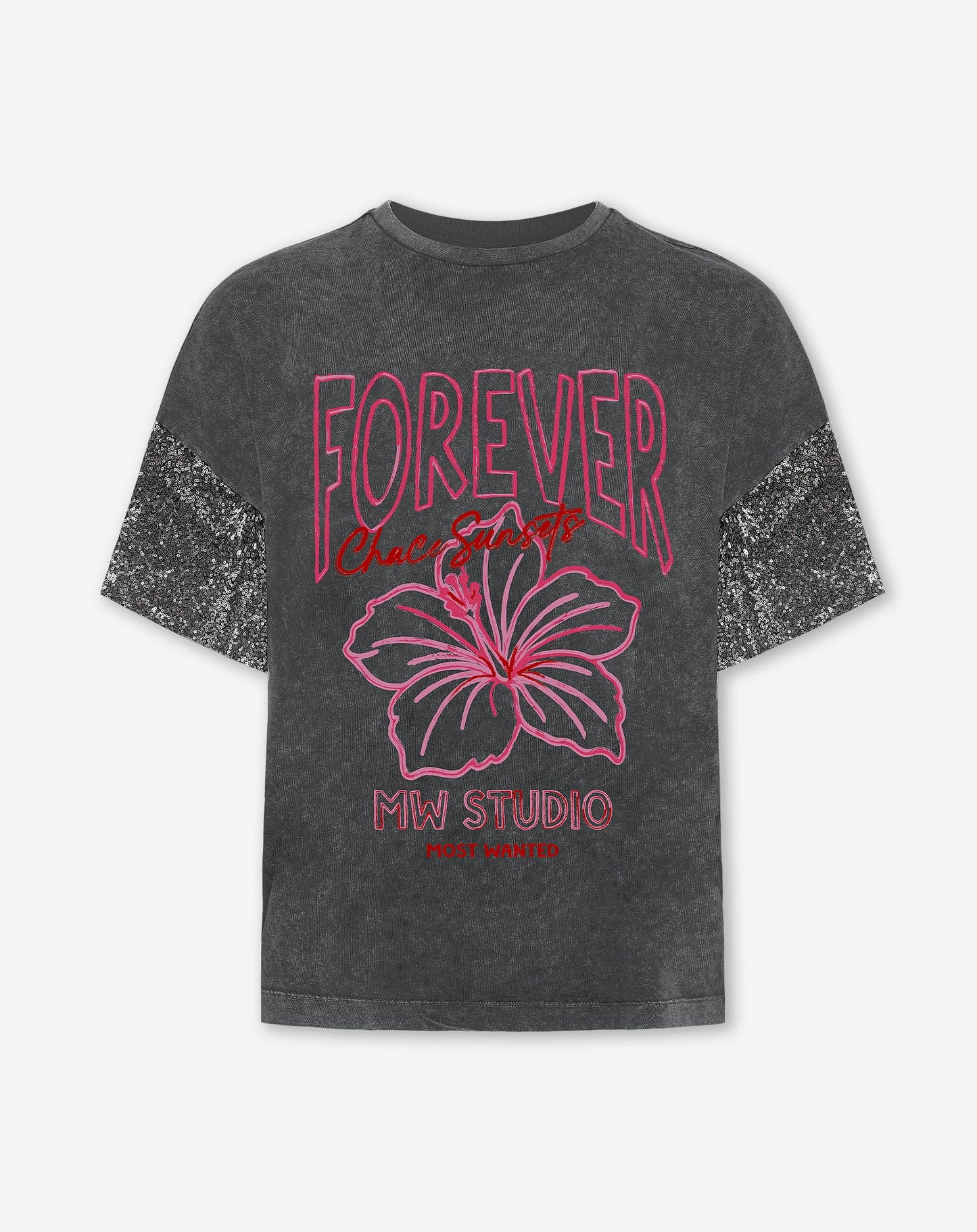 FOREVER SEQUIN SLEEVE OVERSIZED TEE ACID GRIJS