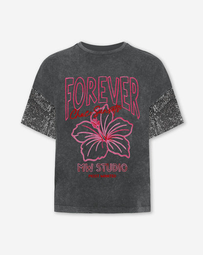 FOREVER SEQUIN SLEEVE OVERSIZED TEE ACID GRIJS