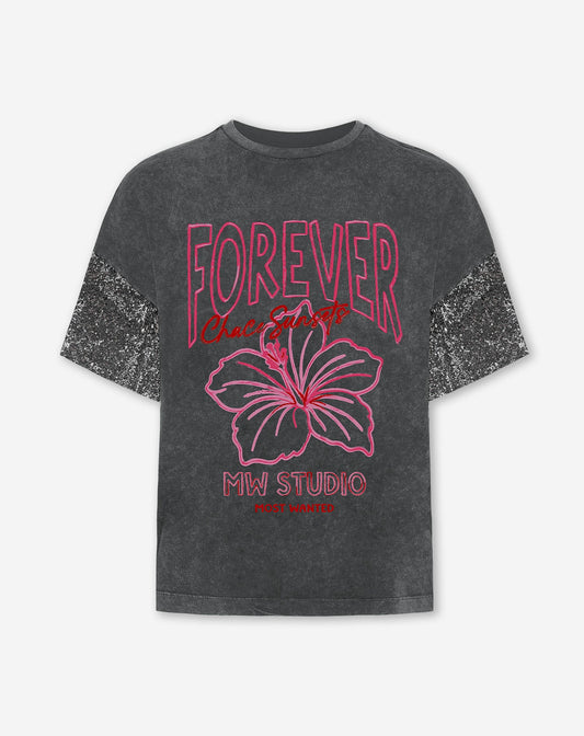 FOREVER SEQUIN SLEEVE OVERSIZED TEE ACID GRIJS